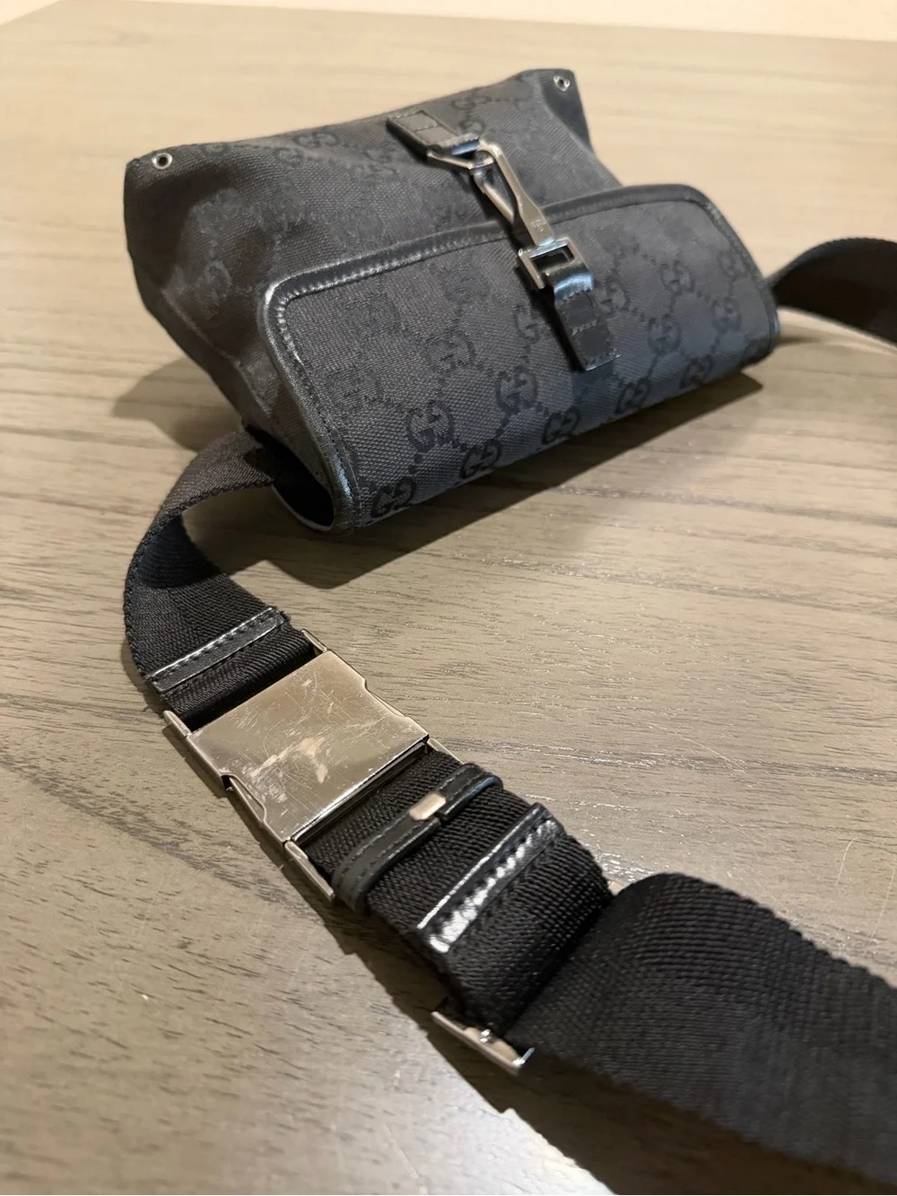Gucci Black GG Monogram with Web Strap Belt Bag